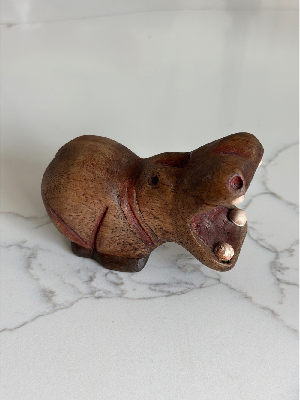 Vtg Hand Carved Hippo Wooden Figurine painted mouth neck eyes, 4.25" long